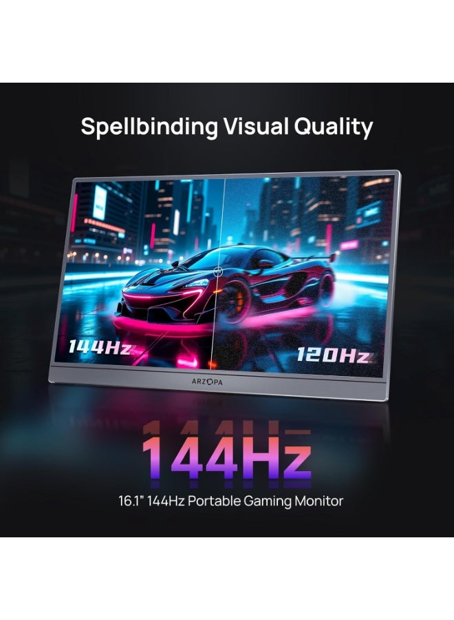 ARZOPA 16.1 Inch Portable Gaming Monitor Z1FC with sleeve, 144Hz FHD 1080P Ultra Slim External Display with HDR, 106% sRGB, Eye Care, Kickstand Second Screen for Laptop, PC, MacBook, Xbox, PS5 - Image 3