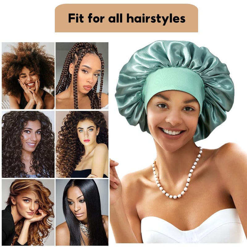 Heniho 3+3 Large Satin Bonnets with Scrunchies for Women, Wide Band Hair Bonnet for Sleeping Braids Curly Hair, A - Image 4