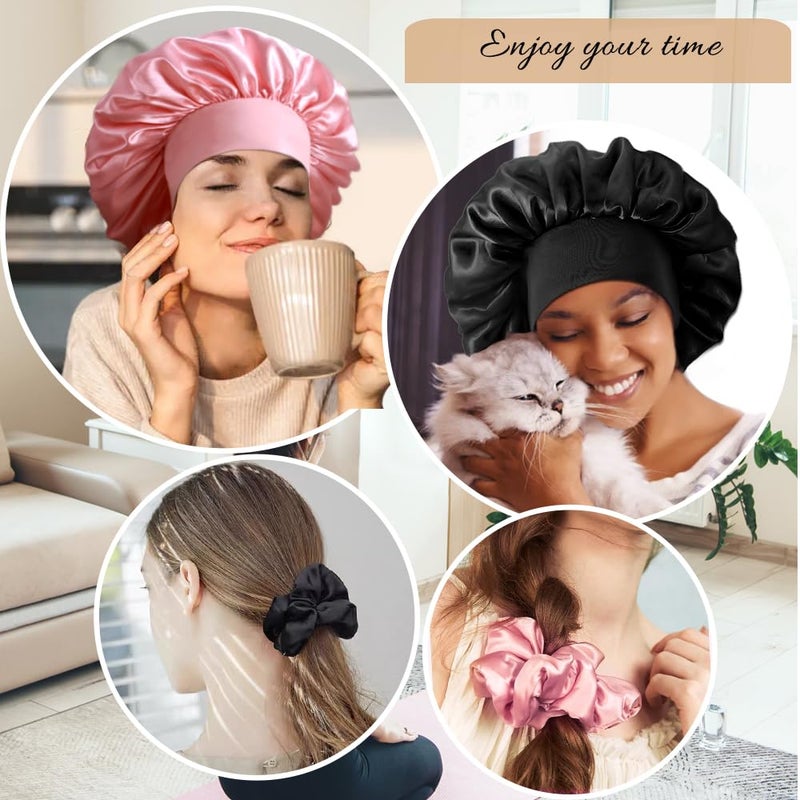 Heniho 3+3 Large Satin Bonnets with Scrunchies for Women, Wide Band Hair Bonnet for Sleeping Braids Curly Hair, A - Image 5