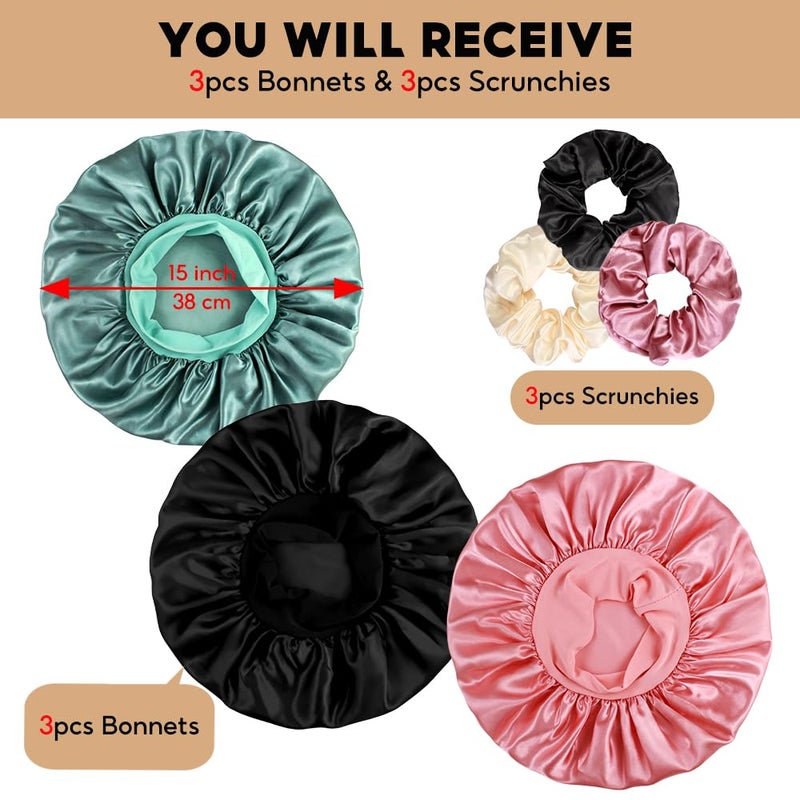 Heniho 3+3 Large Satin Bonnets with Scrunchies for Women, Wide Band Hair Bonnet for Sleeping Braids Curly Hair, A - Image 2