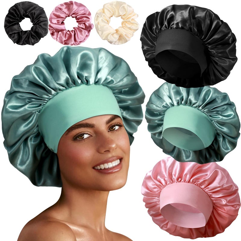 Heniho 3+3 Large Satin Bonnets with Scrunchies for Women, Wide Band Hair Bonnet for Sleeping Braids Curly Hair, A - Image 1