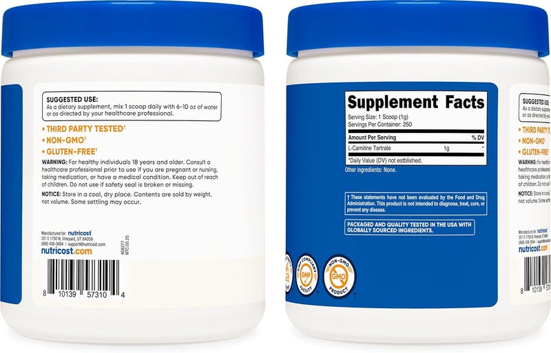 Nutricost LCarnitine Tartrate Powder 250 Grams  1 Gram per Serving 250 Servings - Image 4