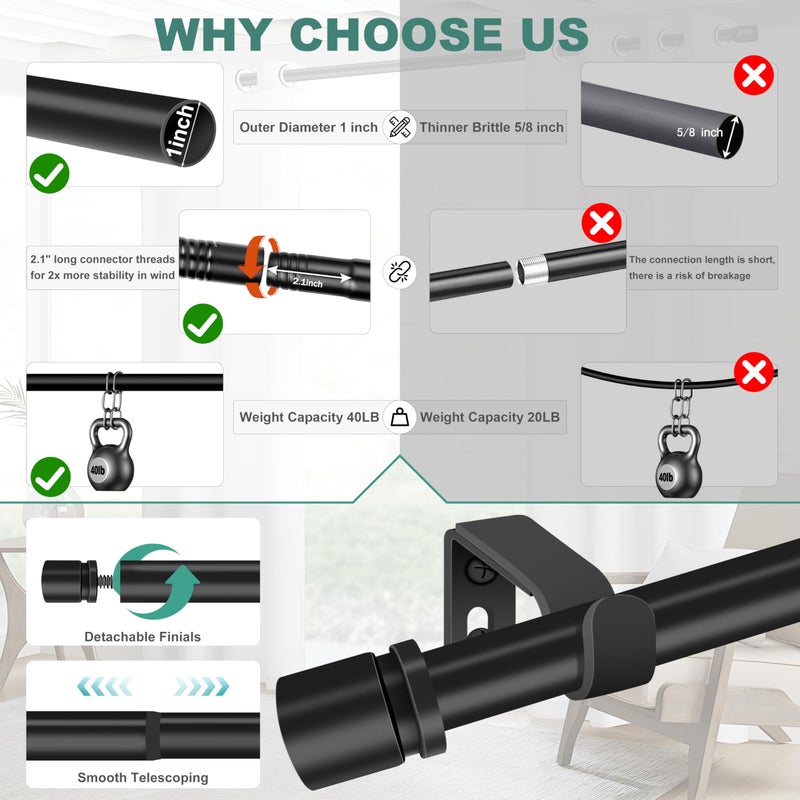 Ottsuls Curtain Rods for Windows, 32 to 60 or 71 Inches Max Adjustable Length, 1 Inch Diameter, Black Decorative Curtain Rod Set, Rustproof Heavy Duty Metal Pole with Brackets - Image 3