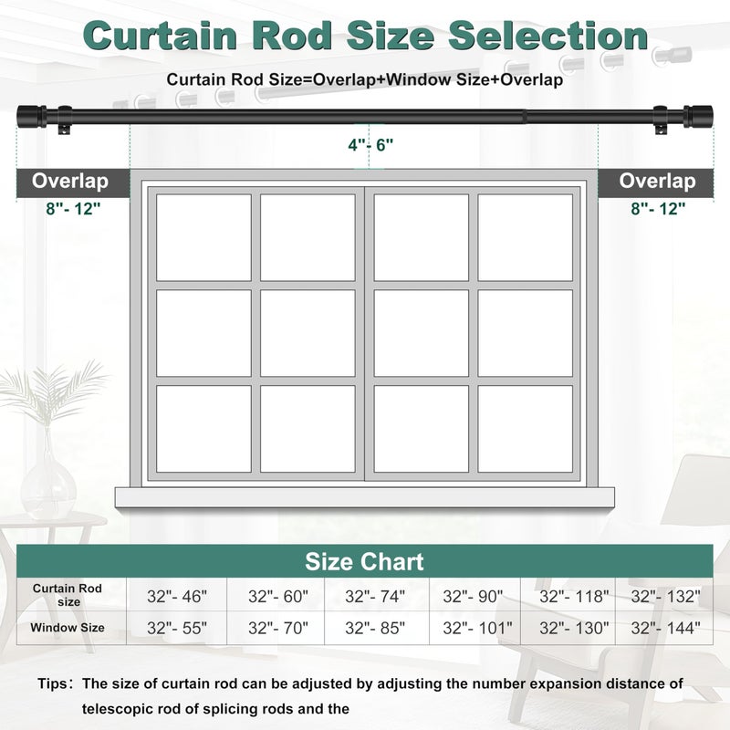 Ottsuls Curtain Rods for Windows, 32 to 60 or 71 Inches Max Adjustable Length, 1 Inch Diameter, Black Decorative Curtain Rod Set, Rustproof Heavy Duty Metal Pole with Brackets - Image 5