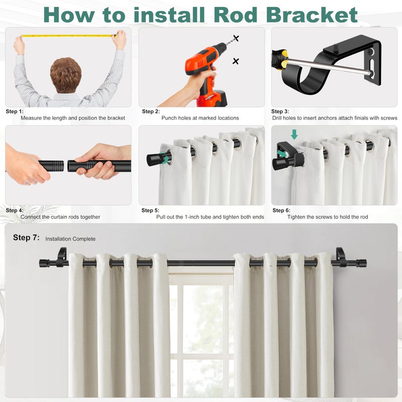 Ottsuls Curtain Rods for Windows, 32 to 60 or 71 Inches Max Adjustable Length, 1 Inch Diameter, Black Decorative Curtain Rod Set, Rustproof Heavy Duty Metal Pole with Brackets - Image 4