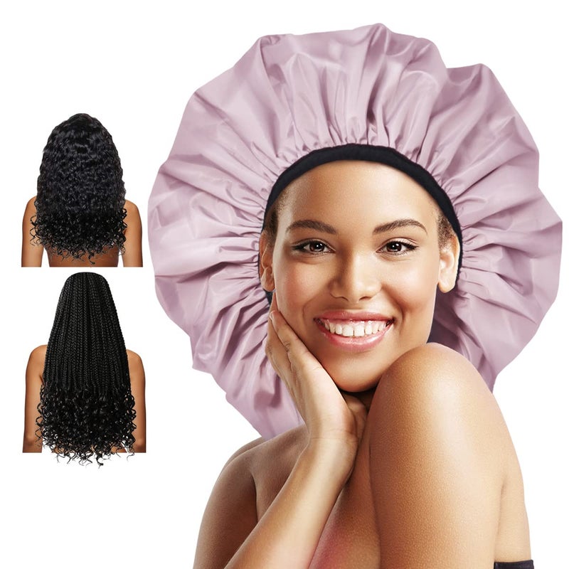 Auban Extra Large Shower Cap, Double-Layer Waterproof Reusable, XL Satin Lining Shower Bonnet for Women Thick, Long Hair, Locs, Braids(Pink) - Image 1