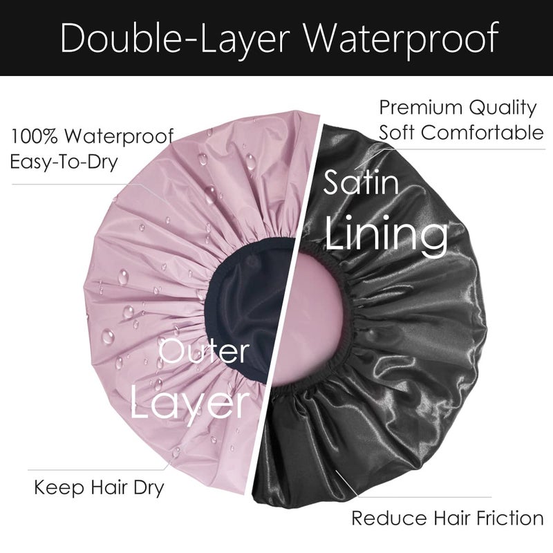 Auban Extra Large Shower Cap, Double-Layer Waterproof Reusable, XL Satin Lining Shower Bonnet for Women Thick, Long Hair, Locs, Braids(Pink) - Image 5