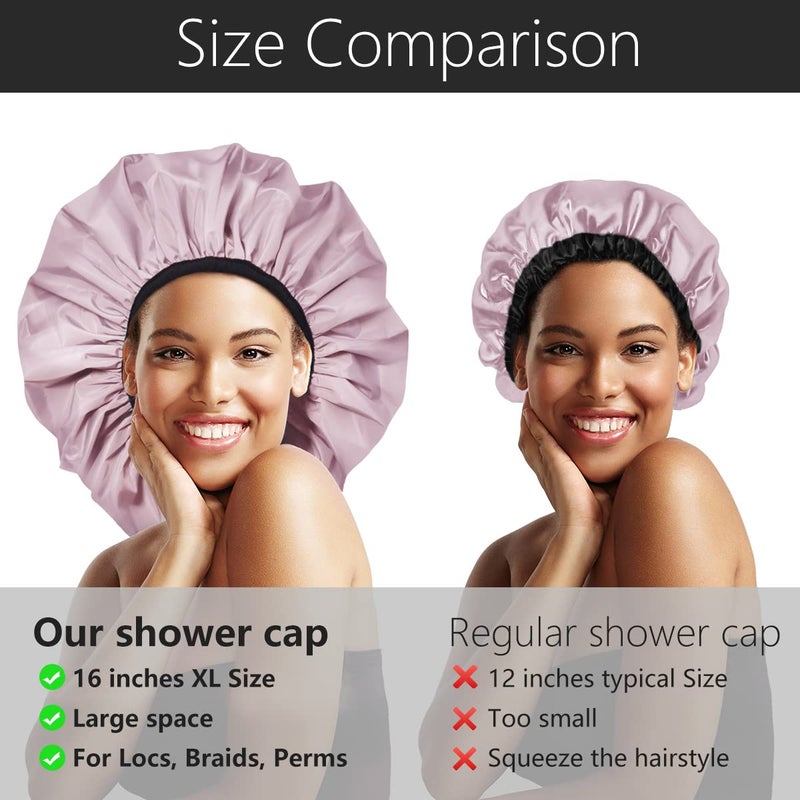 Auban Extra Large Shower Cap, Double-Layer Waterproof Reusable, XL Satin Lining Shower Bonnet for Women Thick, Long Hair, Locs, Braids(Pink) - Image 4