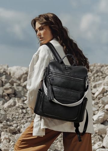 Shrrie 15.6 inch Laptop Backpack for Women,Large Leather Backpack Purse,Travel,Carry on,Water Resistant Casual Laptop Backpacks,College Backpack,Work Backpack for Women,Two-tone Black - Image 2