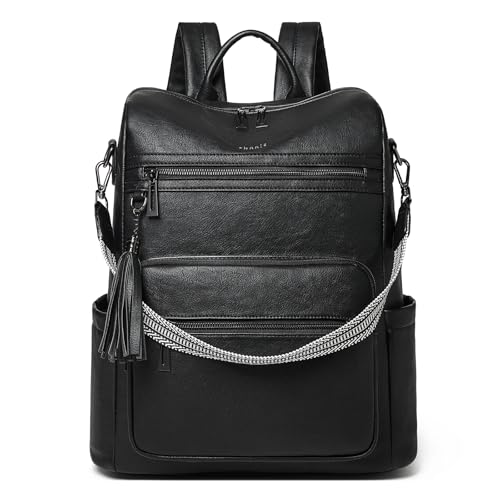 Shrrie 15.6 inch Laptop Backpack for Women,Large Leather Backpack Purse,Travel,Carry on,Water Resistant Casual Laptop Backpacks,College Backpack,Work Backpack for Women,Two-tone Black - Image 1