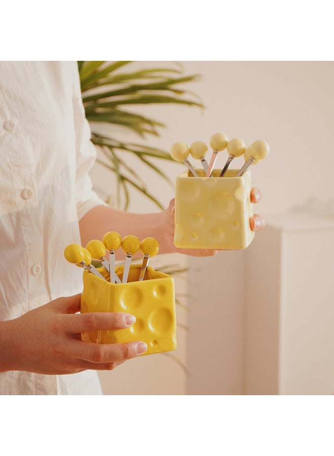 Cream Style Advanced Fruit Fork Suit Multi-purpose Ceramic Cheese Storage Can Bar Decoration Good Hand Ceremony-Specification:Yellow Fork - Image 3