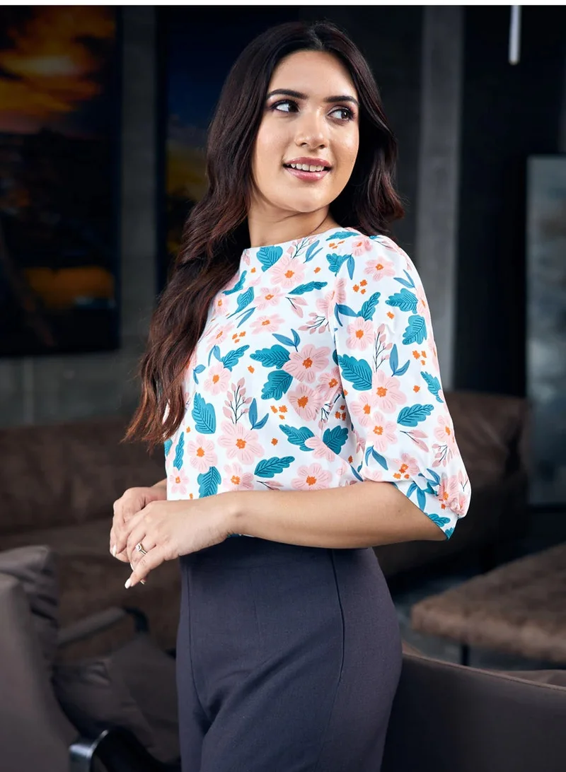 Zigzag Half Sleeve Pink Printed Chiffon Top