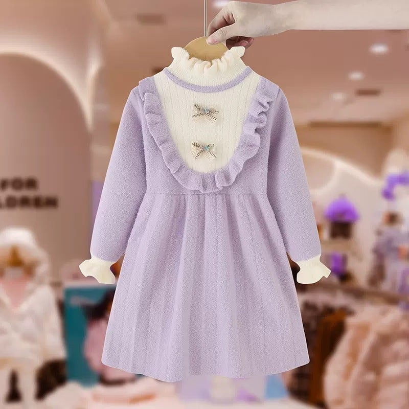 Girls Knitted dress Autumn and Winter New Western Style Autumn Little Girls Korean Princess Skirt Sweater Dress Autumn Dress Purple