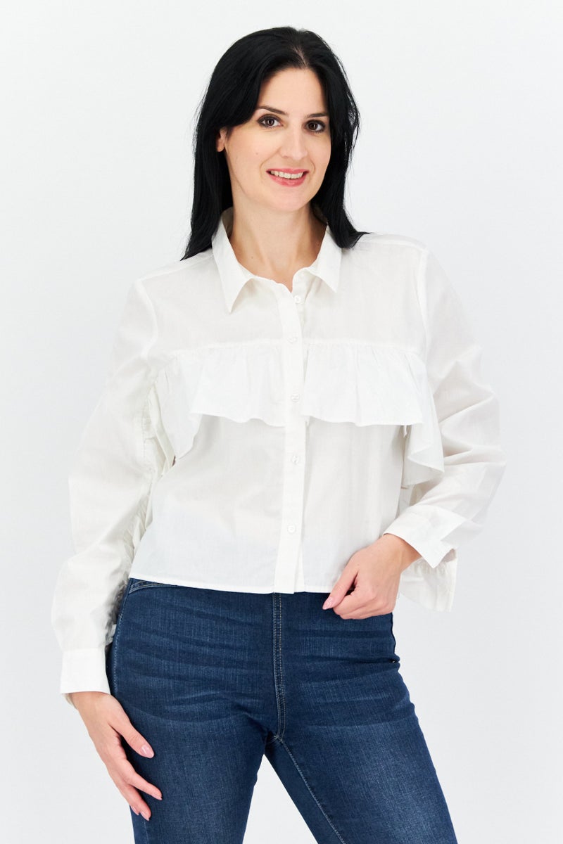 Riley & Rae بلوزة نسائية بأكمام طويلة وياقة مفتوحة، بيضاء - Image 1