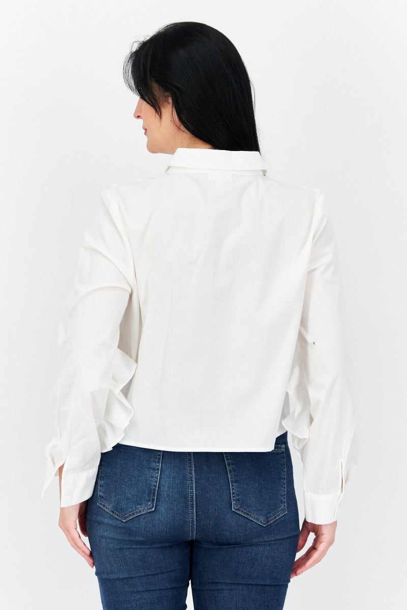 Riley & Rae بلوزة نسائية بأكمام طويلة وياقة مفتوحة، بيضاء - Image 3
