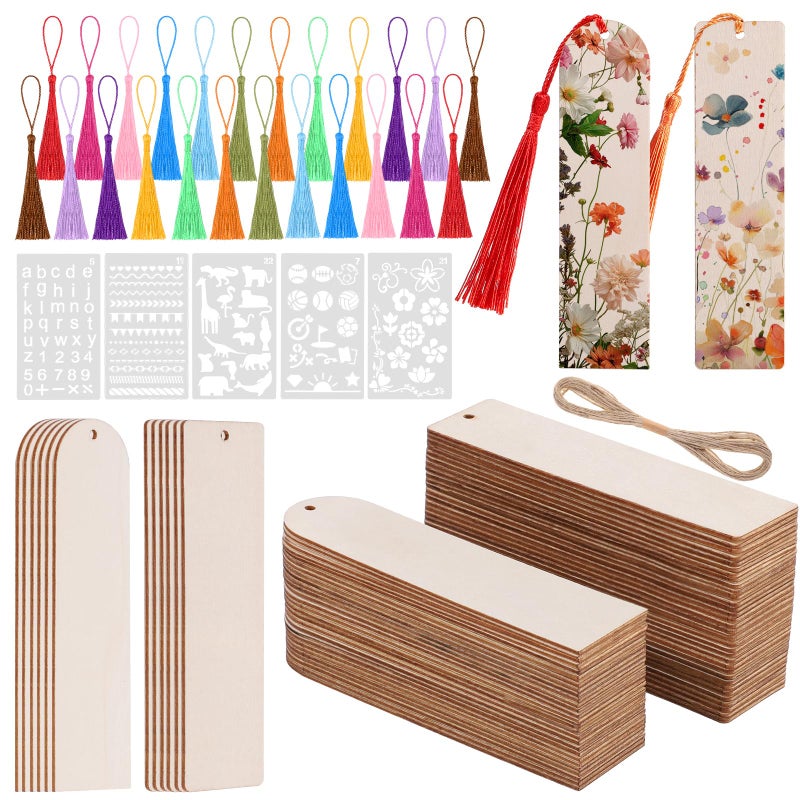 WSICSE 126PCS Bookmark Making Kit, 60 PCS Unfinished Wood Bookmarks with 60 PCS Colorful Tassels 5 Templates Craft and 1 Rope for DIY Crafts, Painting,Valentine's Day,Mother's Day Gift, Birthday Party - Image 1