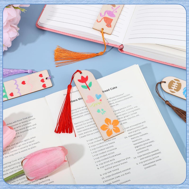 WSICSE 126PCS Bookmark Making Kit, 60 PCS Unfinished Wood Bookmarks with 60 PCS Colorful Tassels 5 Templates Craft and 1 Rope for DIY Crafts, Painting,Valentine's Day,Mother's Day Gift, Birthday Party - Image 5