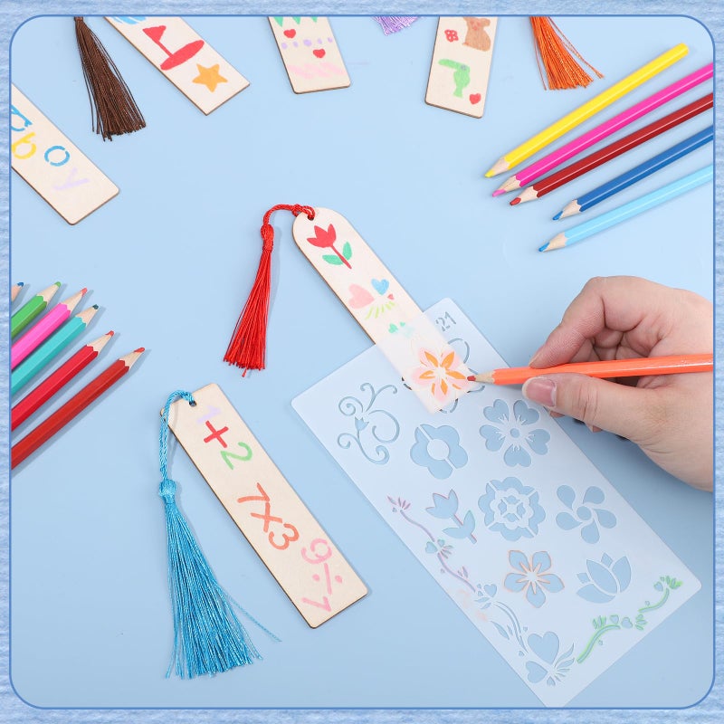 WSICSE 126PCS Bookmark Making Kit, 60 PCS Unfinished Wood Bookmarks with 60 PCS Colorful Tassels 5 Templates Craft and 1 Rope for DIY Crafts, Painting,Valentine's Day,Mother's Day Gift, Birthday Party - Image 3