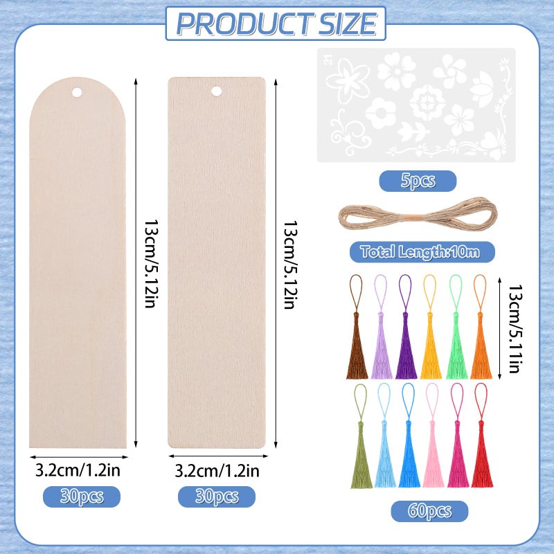 WSICSE 126PCS Bookmark Making Kit, 60 PCS Unfinished Wood Bookmarks with 60 PCS Colorful Tassels 5 Templates Craft and 1 Rope for DIY Crafts, Painting,Valentine's Day,Mother's Day Gift, Birthday Party - Image 2