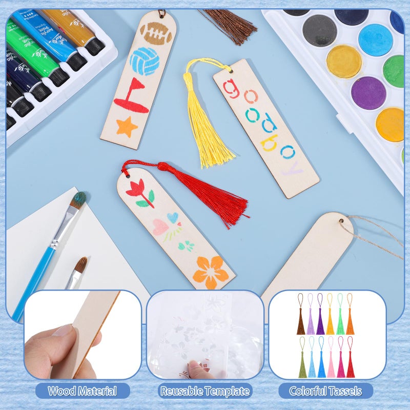 WSICSE 126PCS Bookmark Making Kit, 60 PCS Unfinished Wood Bookmarks with 60 PCS Colorful Tassels 5 Templates Craft and 1 Rope for DIY Crafts, Painting,Valentine's Day,Mother's Day Gift, Birthday Party - Image 4