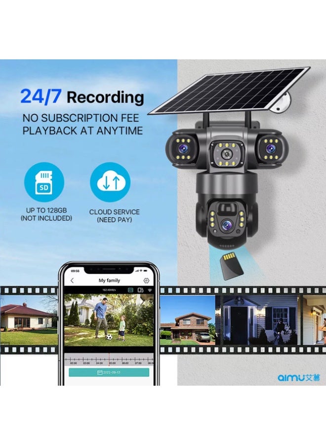 Discover the advanced 4G LTE solar-powered security camera! It features three powerful lenses providing comprehensive 360° coverage with no blind spots. Equipped with a robust 8000mAh solar-powered battery, it ensures continuous operation around the clock. It boasts color night vision and a smart motion detector that sends instant alerts. It supports two-way communication for direct interaction and includes 120GB of cloud storage. No Wi-Fi is required – it works directly via a 4G data SIM card (compatible with Zain and Mobily networks). You can monitor live feeds and review recordings from anywhere using a user-friendly app compatible with iPhones and Android devices. Ideal for use in rest areas, farms, homes, and project sites, especially in areas without internet access. - Image 3