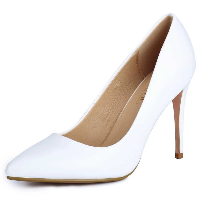 IDIFU Women's IN4 Classic Pointed Toe High Heels Pumps Wedding Dress Office Shoes (White PU, 8 B(M) US) - Image 1
