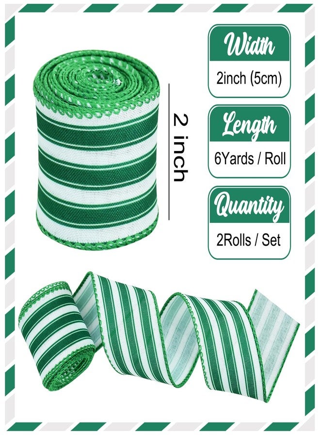 TONIFUL 2 Rolls-2 Inch Green Striped Wired Ribbon, Green and White Stripe Wired Ribbon for Gift Wrapping, Indoor, Bows Making, Wedding Birthday Party Decoration (6yds/roll) - Image 2