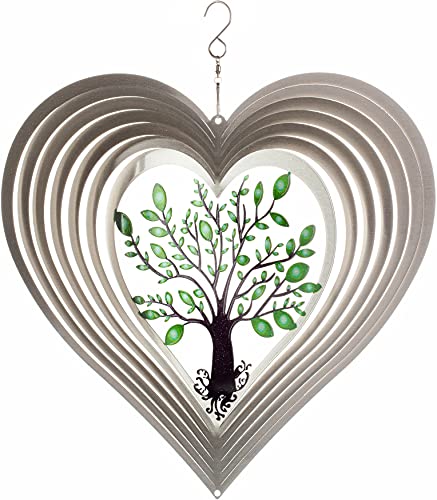ISEO Silver Heart Wind Spinner for Yard and Garden Hanging Outdoor Decor Porch and Patio Decorations Weather Resistant 12