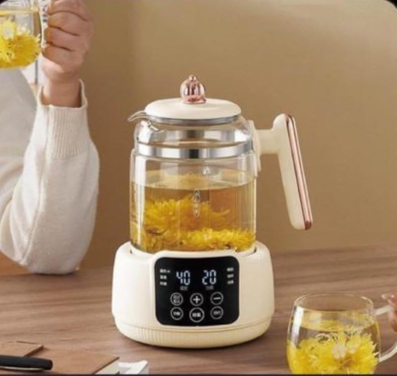 Smart Electric Kettle with Digital Display, Multifunctional Tea Milk Kettle Baby Food Maker, Cream Color with Rose Gold Details, 1000W, Clear Glass, 1.5L, Touch Control - Image 3