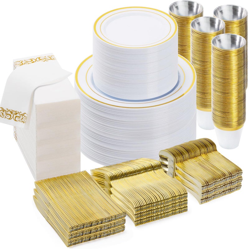 BESTVIP 700 PCS Gold Dinnerware Set for 100 Guests Plastic Dinnerware Set for Party Include 100 Gold Dinner Plates100 Dessert Plates 100 Plastic Silverware Set 100 Cups 100 Paper Napkins