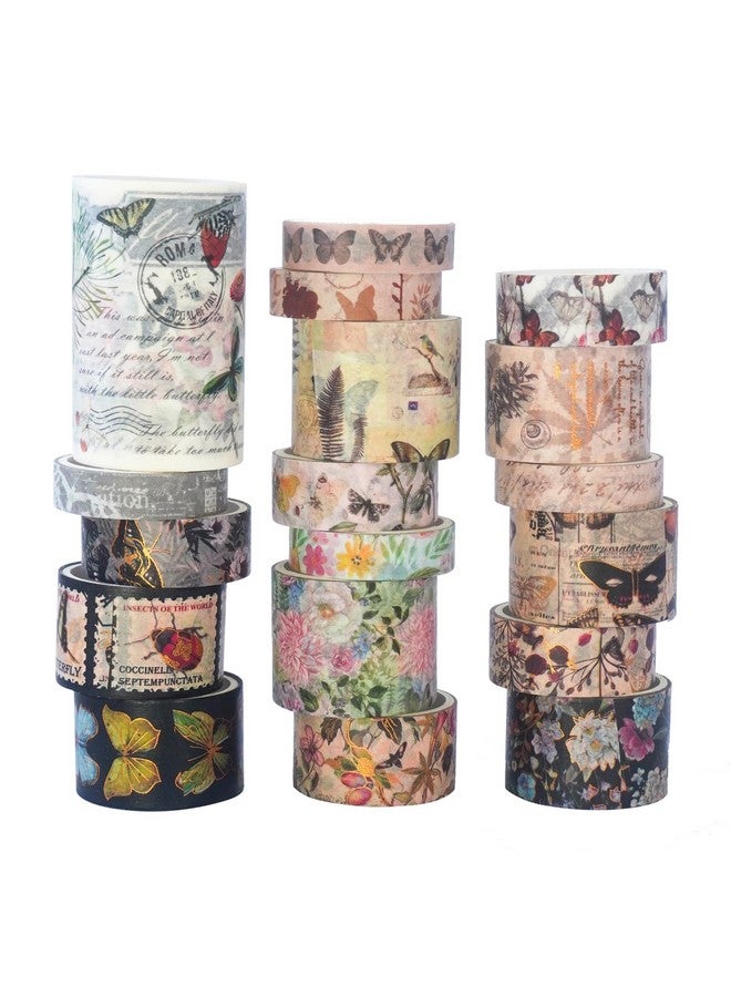 HASTHIP® 18 Rolls Vintage Washi Tape, 6 Sizes Floral Butterfly Botanical Flower with Gold and Silver Print Writable Tapes for Scrapbook, Craft, Scrapbooking Supplies | ?14.7 x 14.7 x 3.8 cm - Image 1