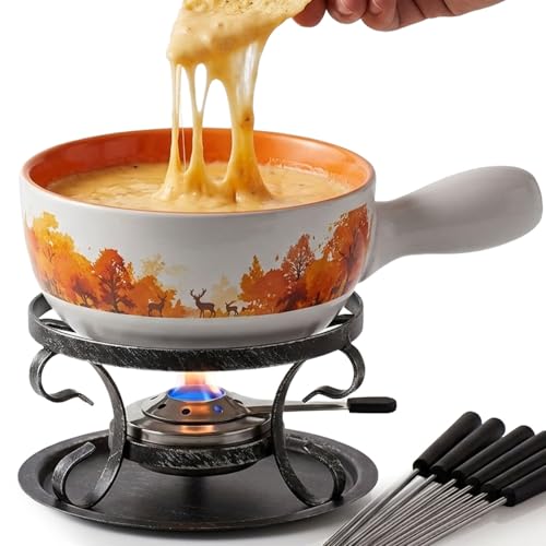 Artestia Swiss Fondue Set for Party - 2L Large Capacity Ceramic Fondue Pot Melting Cheese Chocolate, 6 Fondue Forks, Fondue Party, Wedding Gifts - Autumn Amble - Image 1