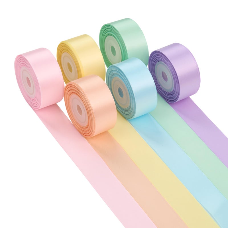DINDOSAL Pastel Ribbon 1 Inch Pastel Rainbow Satin Colorful Assorted Ribbon 6 Rolls for Gift Wrapping, Multicolor Flower Bouque Crafts Birthday Party Wedding - 60Yards - Image 1