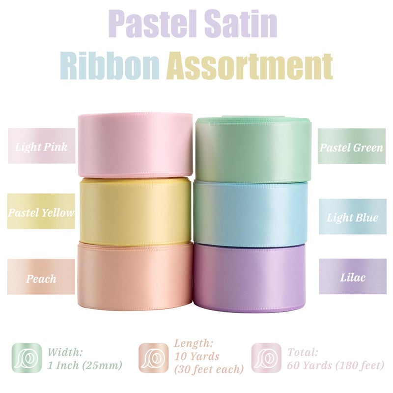 DINDOSAL Pastel Ribbon 1 Inch Pastel Rainbow Satin Colorful Assorted Ribbon 6 Rolls for Gift Wrapping, Multicolor Flower Bouque Crafts Birthday Party Wedding - 60Yards - Image 2