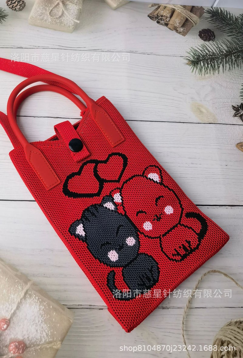 2025 Autumn New Style Girl'S Heart-Shaped Handbag For Carrying Mobile Phones, Knitted Crossbody Bag, Portable Textured Small Handbag - Image 1
