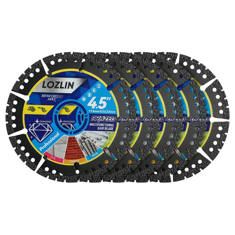LOZLIN 5-Pack 4.5" Diamond Multi-Purpose Saw Blades - Heavy Duty Angle Grinder Discs for Cutting Marble/Quartz/Stone/Tile/Metal/Plastic (Black Teeth, 5) - Image 1
