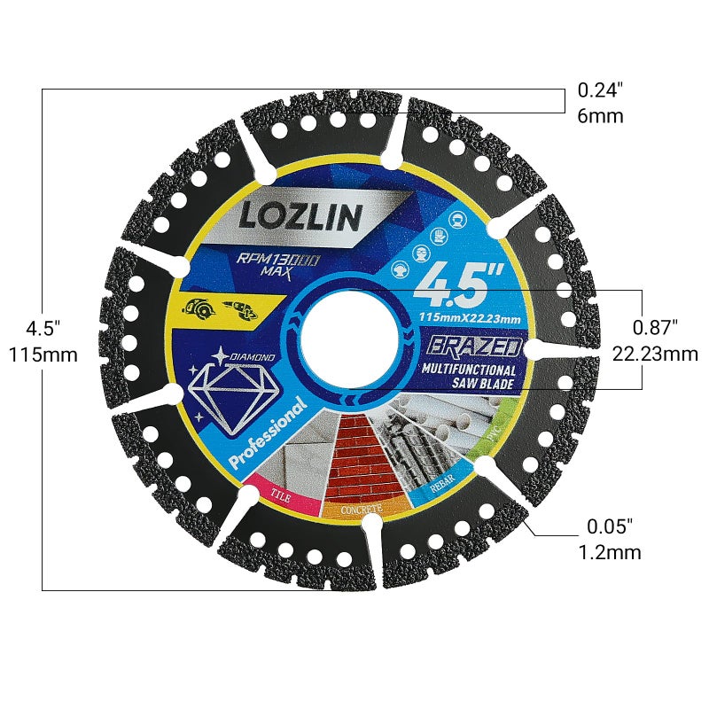 LOZLIN 5-Pack 4.5" Diamond Multi-Purpose Saw Blades - Heavy Duty Angle Grinder Discs for Cutting Marble/Quartz/Stone/Tile/Metal/Plastic (Black Teeth, 5) - Image 2