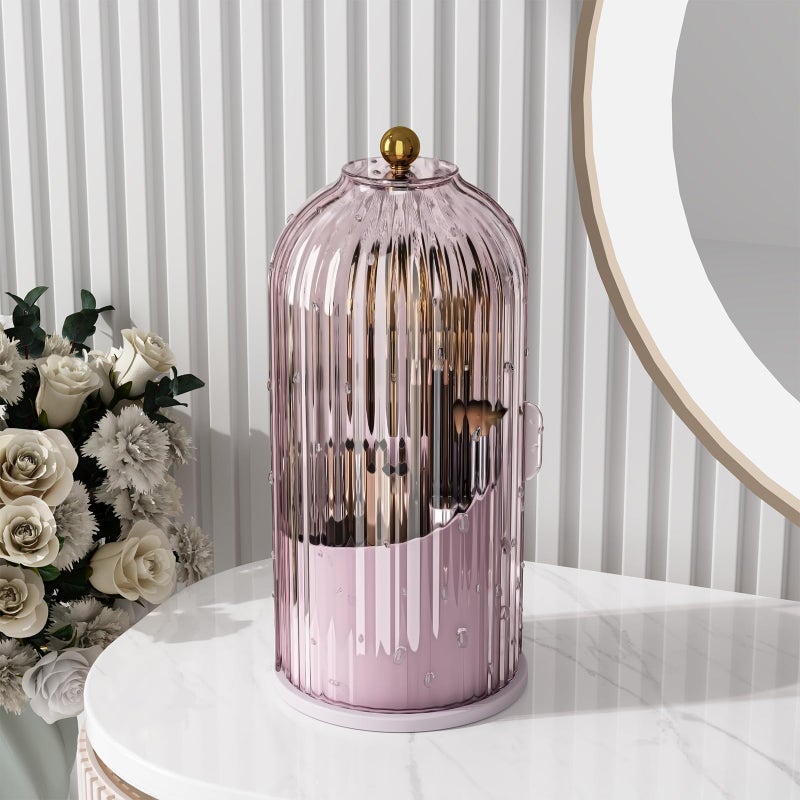 GAXmi Makeup Brush Holder with Lid Cosmetic Tools Organizer 360 Rotating Waterproof Dustproof Beauty Brushes Storage for Vanity, Pink-Purple - Image 2