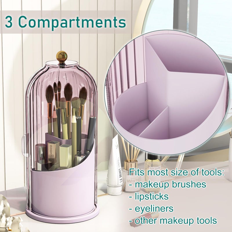 GAXmi Makeup Brush Holder with Lid Cosmetic Tools Organizer 360 Rotating Waterproof Dustproof Beauty Brushes Storage for Vanity, Pink-Purple - Image 4