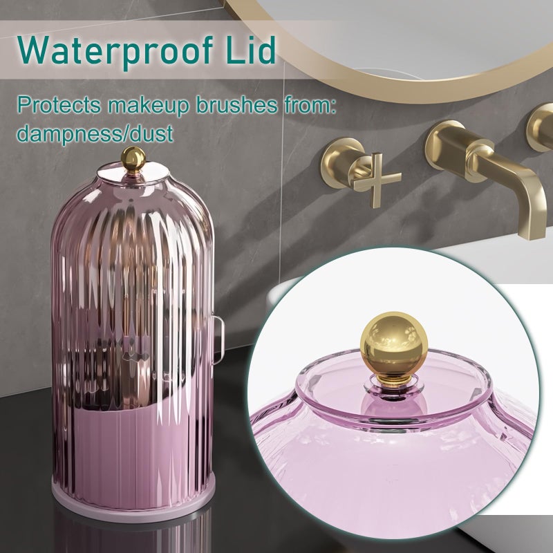 GAXmi Makeup Brush Holder with Lid Cosmetic Tools Organizer 360 Rotating Waterproof Dustproof Beauty Brushes Storage for Vanity, Pink-Purple - Image 5