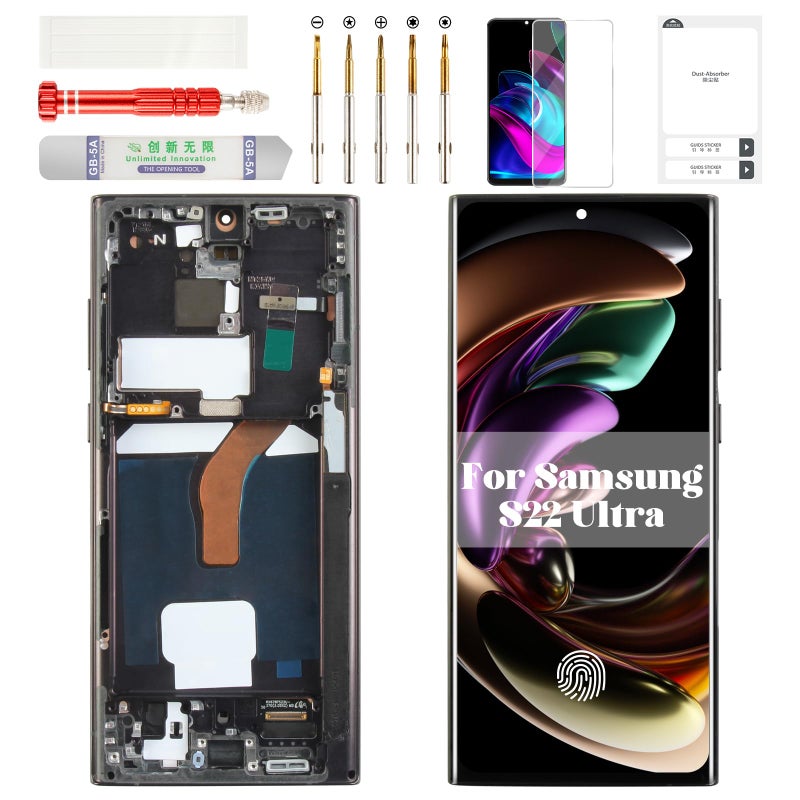 BEXUPULL شاشة OLED بديلة لجهاز سامسونج S22 ألترا 5G لجهاز سامسونج جالاكسي S22 ألترا 5G SM-S908U شاشة LCD تعمل باللمس مع إطار رقم SM-S908U1 بديل للشاشة باللون الأسود (الإصدار الأمريكي مع بصمة الإصبع) - Image 1