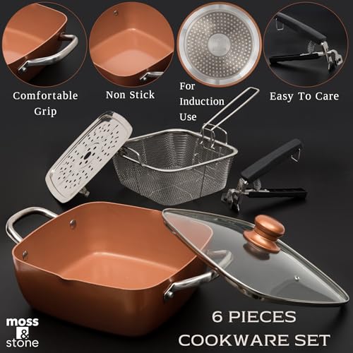 Moss & Stone 6 Pcs Copper Chef Cookware Non Stick Deep Frying Pan 9.5" x 3.5", Fry Basket, Steamer Rack, Dishwasher & Oven Safe, 5 Qt Deep Square Pot & Non Stick Pan, Induction Copper Cookware Set - Image 2