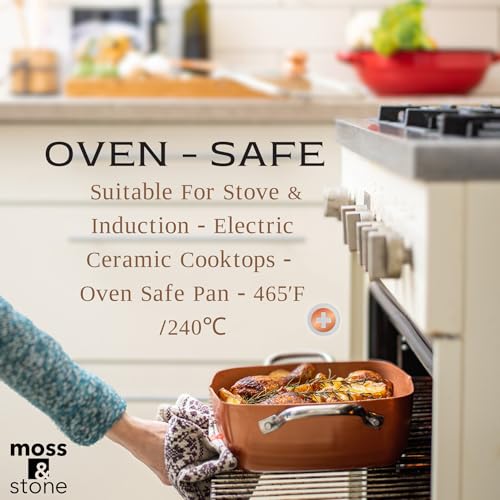 Moss & Stone 6 Pcs Copper Chef Cookware Non Stick Deep Frying Pan 9.5" x 3.5", Fry Basket, Steamer Rack, Dishwasher & Oven Safe, 5 Qt Deep Square Pot & Non Stick Pan, Induction Copper Cookware Set - Image 4