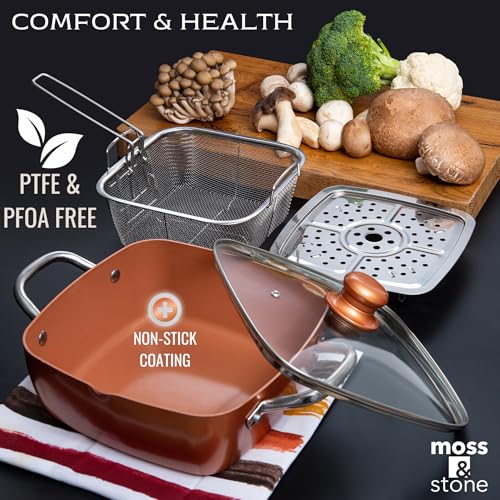 Moss & Stone 6 Pcs Copper Chef Cookware Non Stick Deep Frying Pan 9.5" x 3.5", Fry Basket, Steamer Rack, Dishwasher & Oven Safe, 5 Qt Deep Square Pot & Non Stick Pan, Induction Copper Cookware Set - Image 3