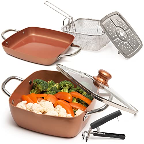 Moss & Stone 6 Pcs Copper Chef Cookware Non Stick Deep Frying Pan 9.5" x 3.5", Fry Basket, Steamer Rack, Dishwasher & Oven Safe, 5 Qt Deep Square Pot & Non Stick Pan, Induction Copper Cookware Set - Image 1