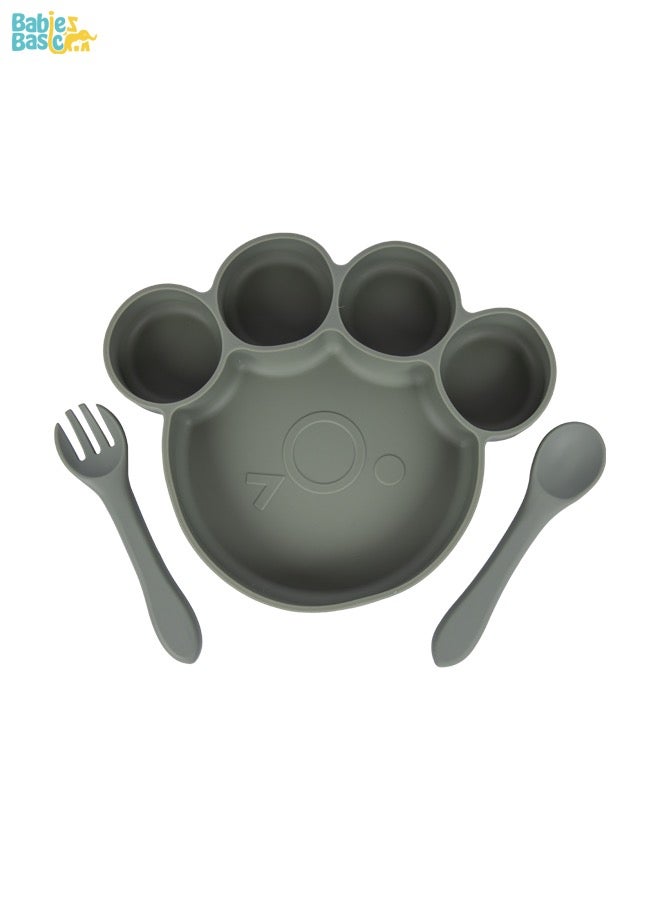 بابيز_بيسك مجموعة تغذية، 3 قطع، مجموعة سيليكون للتغذية الذاتية، سهلة الامساك، طبق سيليكون بوظيفة الشفط مع ملعقة وشوكة سيليكون. - Image 1