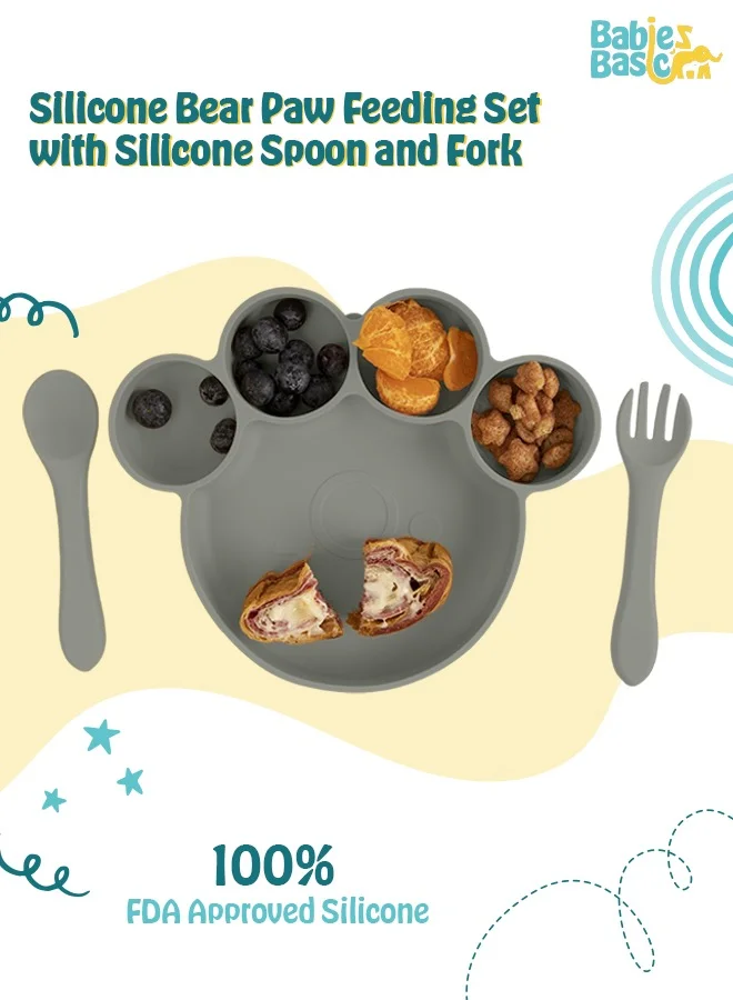 Babies Basic Feeding Set, 3 Piece, Silicone Set For Self Feeding, Learning & Fine Motor Skills Soft, Easy To Grip,Silicone Suction Plate With Silicone Spoon And Fork- Green