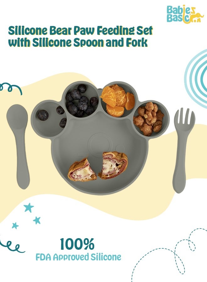 بابيز_بيسك مجموعة تغذية، 3 قطع، مجموعة سيليكون للتغذية الذاتية، سهلة الامساك، طبق سيليكون بوظيفة الشفط مع ملعقة وشوكة سيليكون. - Image 2
