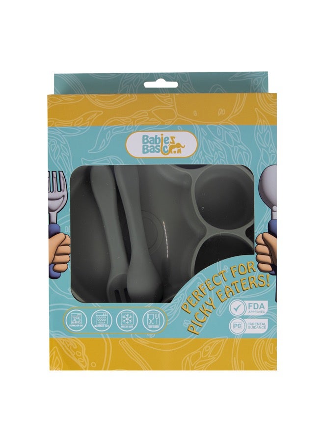 بابيز_بيسك مجموعة تغذية، 3 قطع، مجموعة سيليكون للتغذية الذاتية، سهلة الامساك، طبق سيليكون بوظيفة الشفط مع ملعقة وشوكة سيليكون. - Image 5