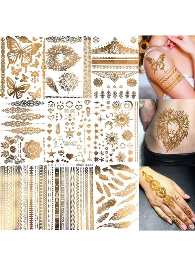 Bilizar 9 Sheets 110+ Designs Flash Gold Temporary Tattoos Metallic For Women Adult, Girl Golden Lion Festival Sun Moon Star Butterfly Glitter Tattoo Sticker, Fake Tattoos That Look Real and Last Long - Image 1